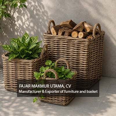 Rattan planter and firewood storage baskets made from natural kubu grey rattan, handcrafted in Indonesia for indoor and outdoor home decor.