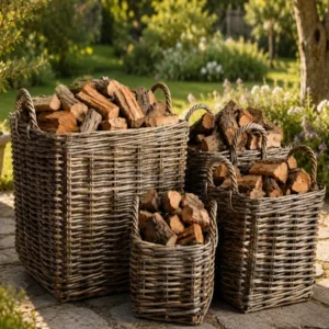 wooden log rattan basket