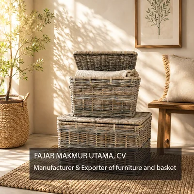 Handmade wicker trunk made from natural rattan by Indonesian manufacturer